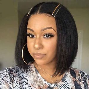 Indian Kinky Straight Lace Front Bob Wigs Natural Color Middle Part Coarse Yaki Human Hair Wig for Women