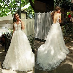 Neuestes böhmisches Hochzeitskleid mit V-Ausschnitt, ärmellos, transparenter Rücken, Spitze, applizierte Rüschen, Brautkleider nach Maß, Robes De Mari￩e