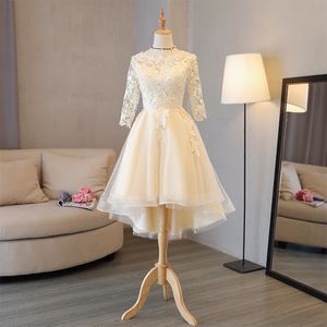 Champagne Tulle Cocktail Dresses with Lace Appliques High Low Party Dresses Long Sleeves Prom Gowns