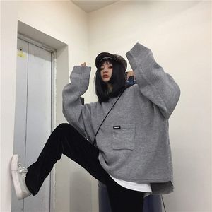 Fashion-Pocket Design Sweater Coat Long Sleeve Knitted Pullover 2019 New Women Men Clothes Korean Oversized Jumper Tops 37773