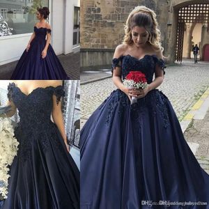 Dark Navy Ball Gown Quinceanera Dresses A-Line Off Shoulder Lace Appliques Beads Evening Prom Gowns Junior Sweet 16 Vestidos de 15 Anos