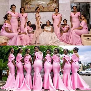 New Pink Mermaid Bridesmaid Dresses Off Shoulder Flowers Sashes Beaded Satin Plus Size Party Wedding Guest Dress Maid Of Honor Gowns