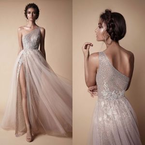 Plus Size Customized Evening Dresses One Shoulder Crystal Applique Lace Tulle Sweep Train A Line Split Party Bridesmaid Gown
