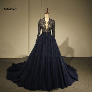 Modest Dark Navy Blue Lace Aftonklänningar med full ärmar Pärlor Beaded Long Evening Gowns Saudiarabiska Abendkleider
