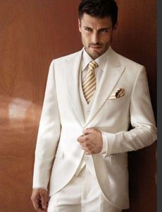 Fashion Ivory Satin Groom Tuxedos Peak Lapel Groomsmen Mens Wedding Dress Excellent Man Jacket Blazer 3 Piece Suit(Jacket+Pants+Vest+Tie)961