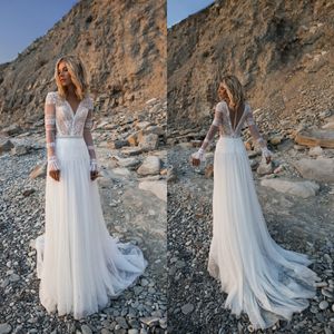 Abiti Country Bohemien a maniche lunghe in chiffon con applicazioni di pizzo Abiti da sposa Sweep Train Abito da sposa Boho Robe De Marie