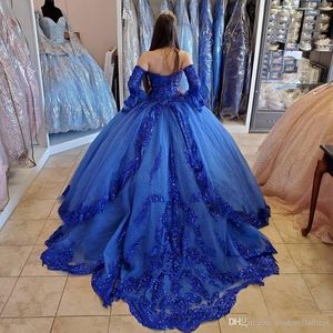 Модные королевские синие платья принцессы Quinceanera, кружевные аппликации, бисерное милое корсет на шнуровке сзади, милые 16 платьев, платье для выпускного вечера 290V