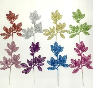 20st Glitter Pulver Mango Leaf Branch för blomsterarrangemang Tillbehör Julfest Hem Bröllop Garden Decoration