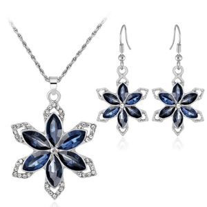 Flower Necklace Earring Set Jewelry for Women Girls Ladies Navy Blue Crystal Rhinestone Diamond Pendant Charm Silver Gift Jewellery Sets Hot