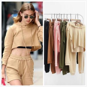 Fashion-Gigi Bella Hadid Inside Out Outfit Tracksuits Hoody Sweatshirt 2 Piece Set, Kvinnor Ins Fashion 2017 Nya Crop Top Long Pants