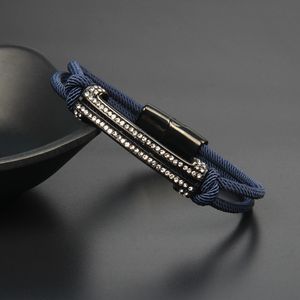 Bangle ze stali nierdzewnej dla kobiet Clear CZ Long Tube Buckle Bransoletka z Navy Blue String Braided Men Bransoletka Biżuteria