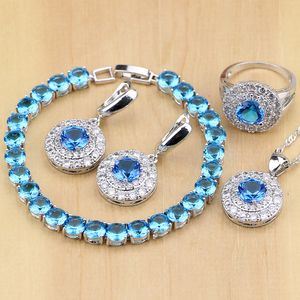 Blauer Zirkonia Brautschmuck, weiße CZ-Steine, 925er Silber, Schmuckset für Damen, Hochzeit, Ohrringe/Anhänger/Halskette/Ringe/Armband