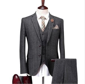 Smokingi ślubne 2019 Męskie Garnitur Vintage 3 Sztuk Tweed Fleck Tweed Wool Dark Grey Dostosowane Best Man Groomsmen Tuxedos (Kurtka + Spodnie + Kamizelka)