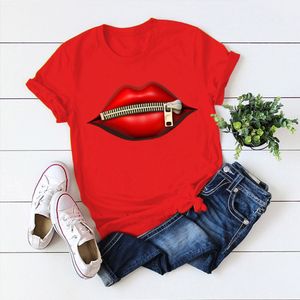 Lip Casual Sequins Red T-shirt das mulheres algodão de manga curta Tops T-shirt Vintage Criatividade zipper Lips T-Shirt