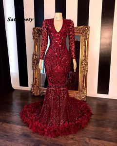 Dark Red Lace Feather Mermaid Prom Dresses Black Girls V Neck Long Sleeves Sweep Train Formal Evening Party Gowns Real Image