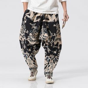 New Dragon Impressão Harem Pants Men Estilo Chinês Casual soltas de algodão de linho Sweatpants Jogger Pants Mens Streetwear Calças CJ191210