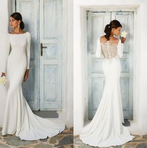 Elegante Schaufel Hals Satin Meerjungfrau Brautkleider 2020 Langarm Tüll Tüll Spitzen Applique Hochzeit Brautkleider Roben de mari￩e mit Knöpfen