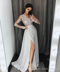 2019 Scollo a V maniche lunghe Prom Dress Una linea Split Formal Holidays Wear Graduation Evening Party Gown Custom Made Plus Size
