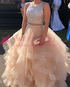 Wholesale 15 dresses two piece resale online - 2019 Elegant Champagne Two Piece Quinceanera Dresses Sequins Beaded Ball Gown Ruffles Tiered Skirts Sweet Formal Evening Occasion Dresses