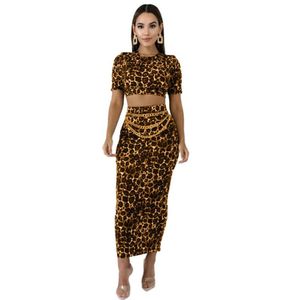 Sonbahar Leopar Baskı Etek Kadın Set Uzun Kollu Kısa Tee Bodycon Midi Maxi Etek Suit Iki Parçalı Set Zarif Tracksuit S-XL