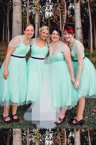 Turquoise Tulle Tea Length Bridesmaid Dresses Sweetheart Cap Sleeve Pleated Purple Ribbon Plus Size Party Dress Wedding Guests Maid Of Honor