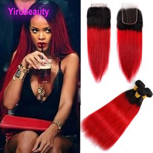 Peruvian Human Hair Ombre Color 1B/red Silky Straight Virgin Hair Wefts With 4x4 Lace Closure Middle Three Free Part Straight 1B Red
