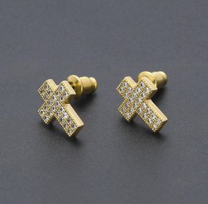 Gold 18K Bling Zirkonia Kreuz-Ohr Frauen der Männer Hip Hop-Bolzen-Ohrringe Iced Out Diamant Rapper Schmuck-Geschenke für Jungen Mädchen