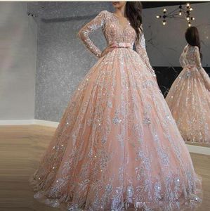 2020 Sparkly Pink Quinceanera Suknie Cekiny Koronki Suknia Balowa Prom Dresses Jewel Neck Długi Rękaw Suknie 16 Sukienka Długie Formalne Wzierzenie Wieczorowe