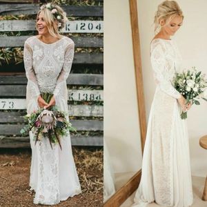 2020 Backless Mermaid Wedding Dresses Jewel Neck Lace Appliques Long Sleeve Trumpet Wedding Dress Boho Beach Bridal Gowns Vestidos De Novia