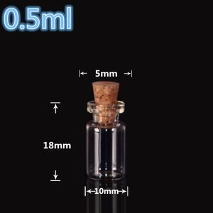 Mini glasflaskor med kork 10 * 18 * 5 mm 0,5 ml tomma små önskade flaskglasflaskor burkar 300pcs