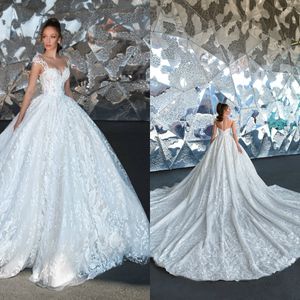 2020 Crystal Design Ball Gown Bröllopsklänningar Sheer Jewel Neck Capped Appliqued Lace Bridal Gowns Custom Made Vestidos de Novia
