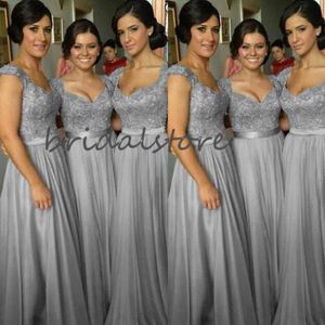 Long prata prata vestidos tampão mangas chiffon formal vestidos de formatura apliques frisado país casamento vestidos de convidado 2020 Sexy drowsmaid vestes