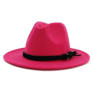Mode vanlig färgad ullfilt Fedora jazz hatt hatt handgjorda bälte inredning bred brim panama stil formell hatt cowboy keps för män kvinnor