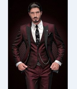 Slim Fit One Button Burgundy Wedding Groom Tuxedos Peak Lapel Groomsmen Men Suits Prom Blazer (Jacket+Pants+Vest+Tie) NO:1954