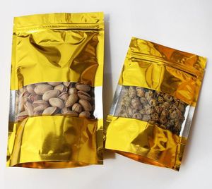 Wielokrotne rozmiary Złoto Stand Up Aluminiowa Folia Zipper Food Packing Torby Zawór Wielokrotnego użytku Mylar Wyczyść okno Studka do przechowywania