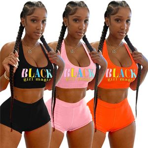 Summer Women Shorts Tracksuit Black Letter Sleeveless T-shirt Vest + Shorts 2 Piece Outfits Fashion Sportswear Girls Suit Clothes Streetwear
