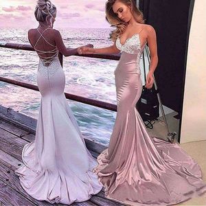 Lace Applique Evening Party Dresses Spaghetti Sexy Backless Long Prom Dresses Mermaid Graduation Dresses Cross Straps Formal Pageant Gowns