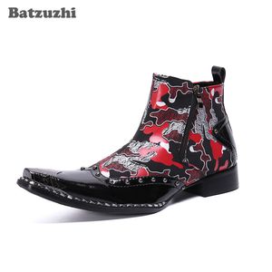 Batzuzhi punk rock botas masculinas apontadas ponta de metal tornozelo botas de couro formal festa e casamento, tamanho grande US6-US12