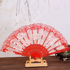 Quadro Ventilador De Mão Dobrável venda por atacado-estilo espanhol flor rosa projeto do ventilador de plástico quadro do laço mão de seda artesanato chinês fã dobrar