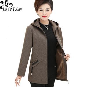 UHYTGF 4XL Plus Size Jacket Kobiety Moda Z Kapturem Wiosna Jesień Wełny Płaszcz Temperament Mom Elegancka Kobieta Płaszcze Casaako Feminino 797