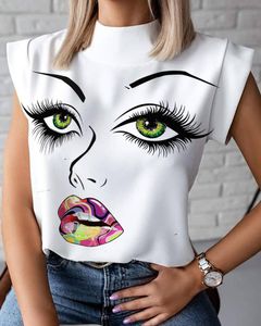 Le donne eleganti labbra Stampa Stand-Up Collo a manica corta T Shirt T-shirt Vacation Office Lavoro Blusa Top Size (S, M, L, XL, XXL)