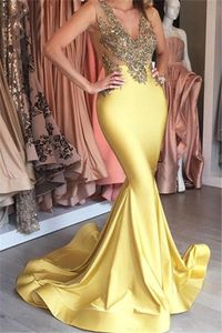 Yellow Mermaid Prom Dresses V Neck Zroszony Appliqued Sweep Sweet Prom Suknie Vestidos Party Suknia Wieczorowa Rates De Soirée Robe de Soiree