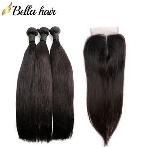 Pêlo de cabelo liso peruano Extensões 3 pacotes com fechamento 4x4 parte média parte superior fecho laço trama natural cor bellahair