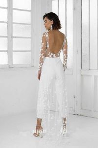 White Jumpsuit Beach Wedding Dresses Jewel Neck Long Sleeve Backless Ankle Length Bridal Outfit Lace Summer Wedding Gowns310c