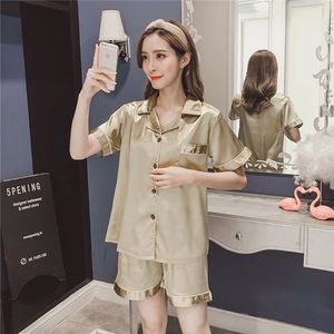 Temmuz Şarkısı Yeni İlkbahar Yaz Kadınları Sahte İpek Pijamalar Set Basit Saf Renk Boş Zamanlı Nightwear Kısa Kollu Sweetwear 152