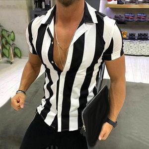 2020 Casual Shirt Hot Men Turn Down Collar manga curta Vertical Stripes Botão de Slim camisa casual top blusa Homens