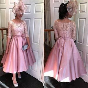 Chic Tea Length Short A Line Mother Of The Bride Dresses with Half Sleeves Lace Evening Gowns Scoop Neck Wedding Guest Party Dress AL6510