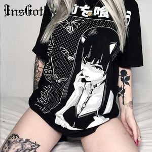 Insegoth harajuku lösa långa t-tröjor kvinnor gotiska streetwear oversize svart t-shirts grunge tryckt mode kvinnlig vintage toppar mx200721