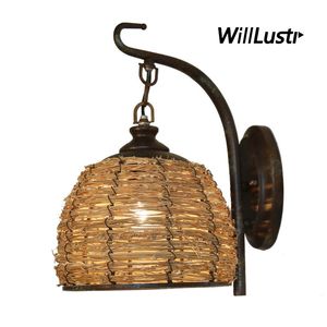 Retro Handmade Rattan Wall Lampa American Country Style Sconce Hotel Inn Bar Cafe salon Loft Balkon Art Deco Wicker Light