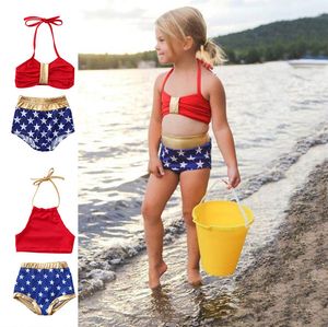 US Kleinkind Baby Mädchen Neckholder Bikini Set Sterne Bademode Badeanzug Badeanzug Rad und Vergoldung Badeanzug